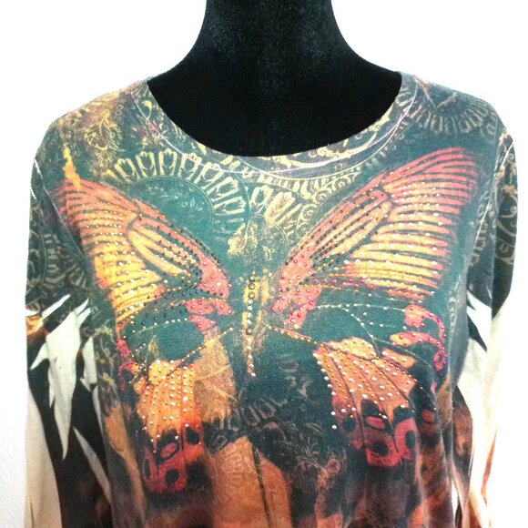 Orange/black/yellow butterfly blouse, with tiny studs design - Picture 4 of 8